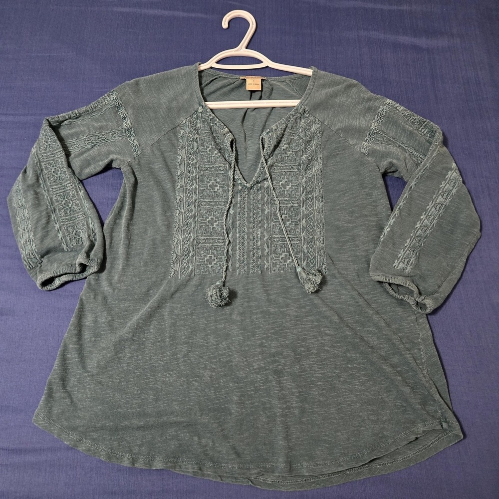 Lucky Brand Blouse Womens Small Green Cotton Embroidered Tassel V-Neck Tunic Top